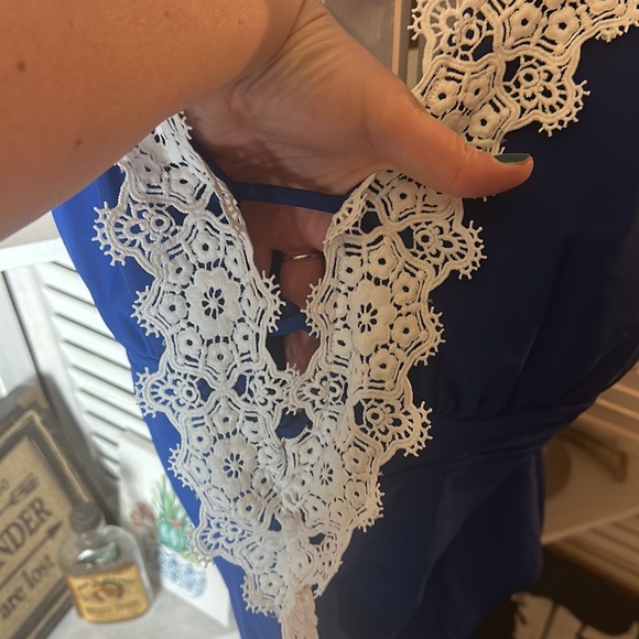 NWT DACI One Piece Swimsuit Blue With White Lace Plunge - Picture 2 of 8